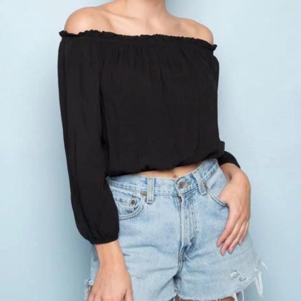 brandy Melville off the should black ruffled top